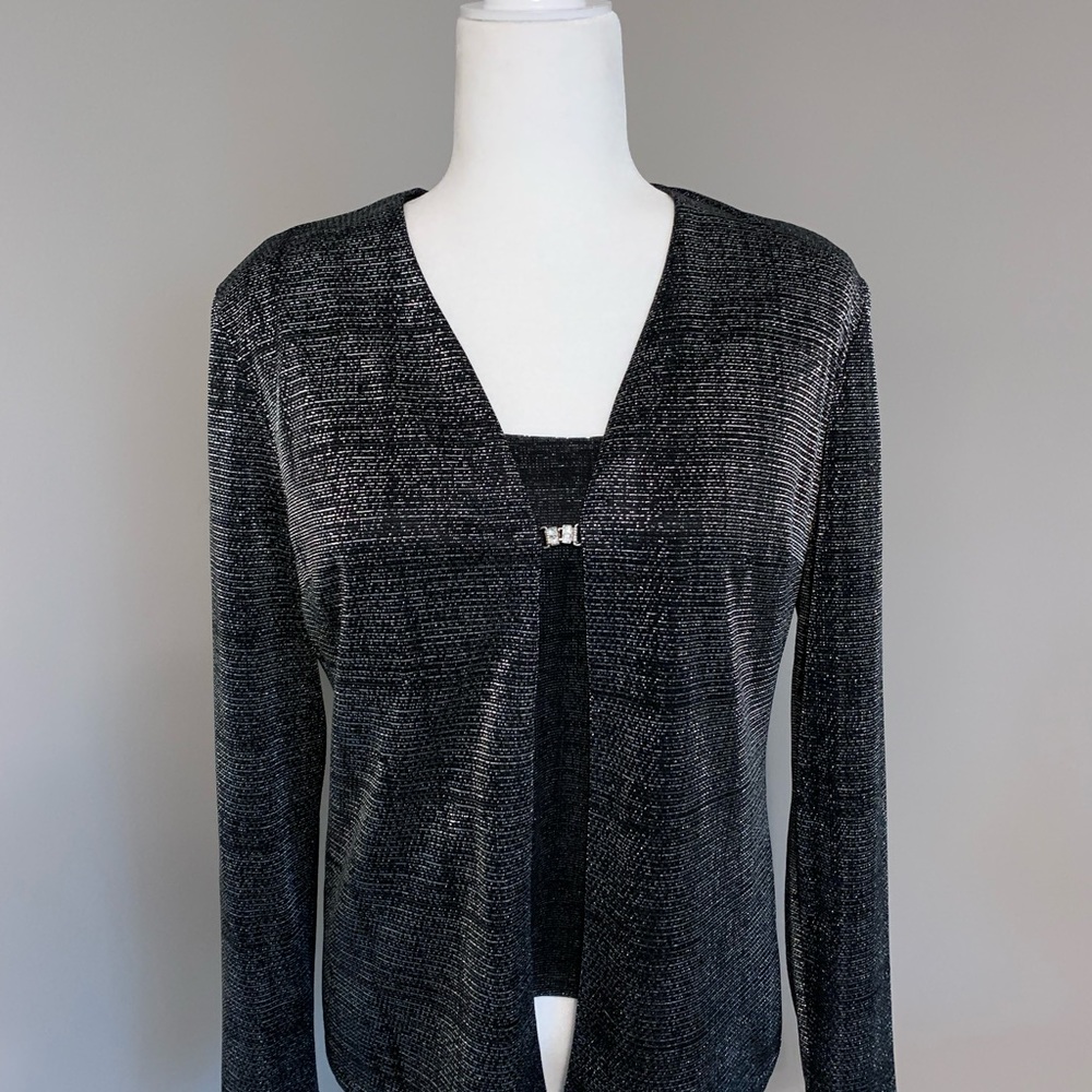 Liz Claiborne Night Black Silver Metallic Rhinestone 2-piece cocktail top blouse - Picture 2 of 12